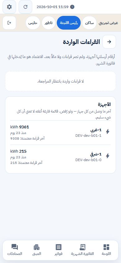 اللجنة · القراءات الواردة من الأجهزة
