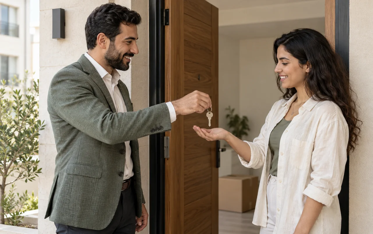 مشهد توضيحي مولّد: تسليم مفتاح إلى ساكن عند باب شقة